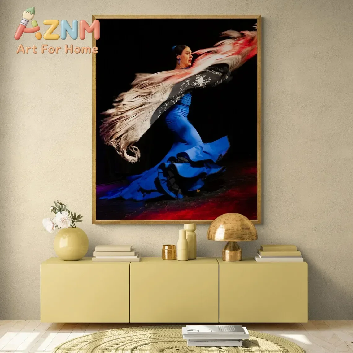 AZNM Spanish Flamenco Dancer Canvas Wall Art Traditional Dance Woman Poster Vivid Color Culture Print Unframed Canvas Painting f