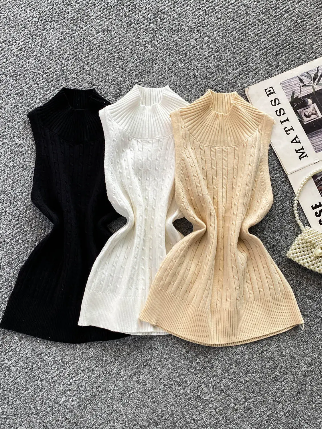 

Women's Apricot Sleeveless Sweater Pullover Knit Top Y2k Vintage Knitwear Turtleneck Base Sweater for Women Spring Autumn 2026