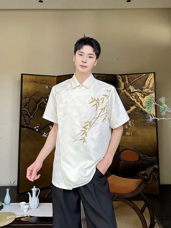 

Summer Men's Short Sleeve Shirt Embroidered Floral Bamboo High-End Feel Retro Chinese Style Turn-down Collar Loose Fit Youth ...
