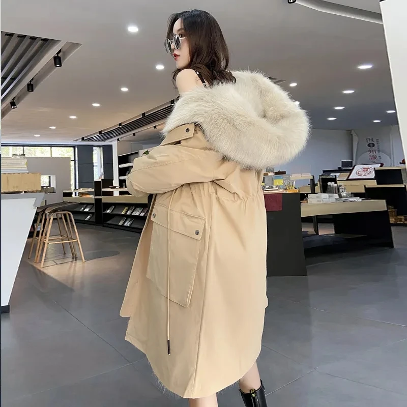 Womens Mid-Length Imitation Fox Fur Liner Coat Removable Hooded Parkas Cotton Padded Jacket Female Outwear New Winter 2024