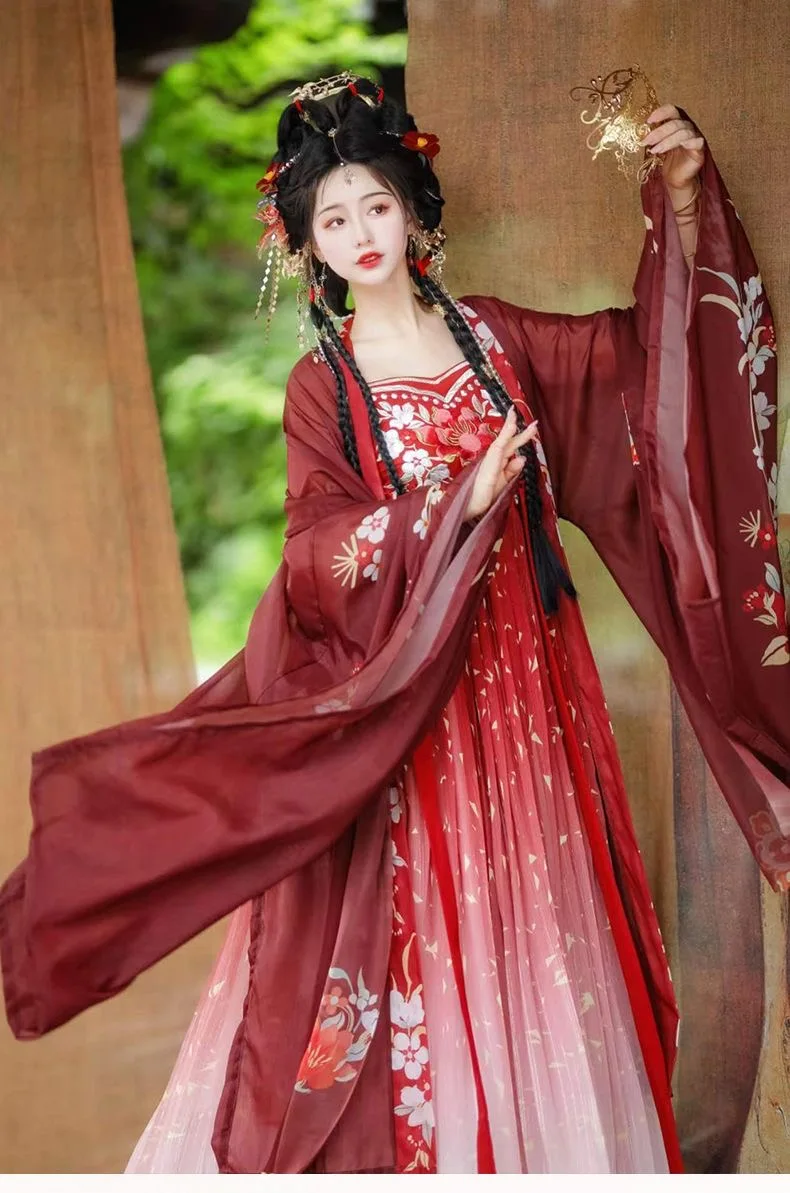 Hanfu Chinese Jurk Vrouwen Traditionele Vintage Hanfu Halloween Cosplay Kostuum Zomer Dansjurk Hanfu Gradiënt Rood 3 Stuks Sets