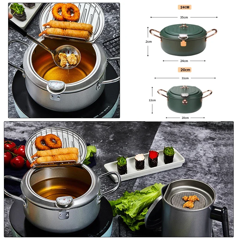 304 Stainless Steel Oil Pan Japanese Deep Frying Pot with a Thermometer and a Lid Kitchen Tempura French Fries Oil Fried Pan