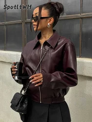 Women Elegant Solid Pu Leather Short Jacket Autumn Chic Lapel Long Sleeves Zipper Crop Coats Fashion Lady Commuting Street Tops