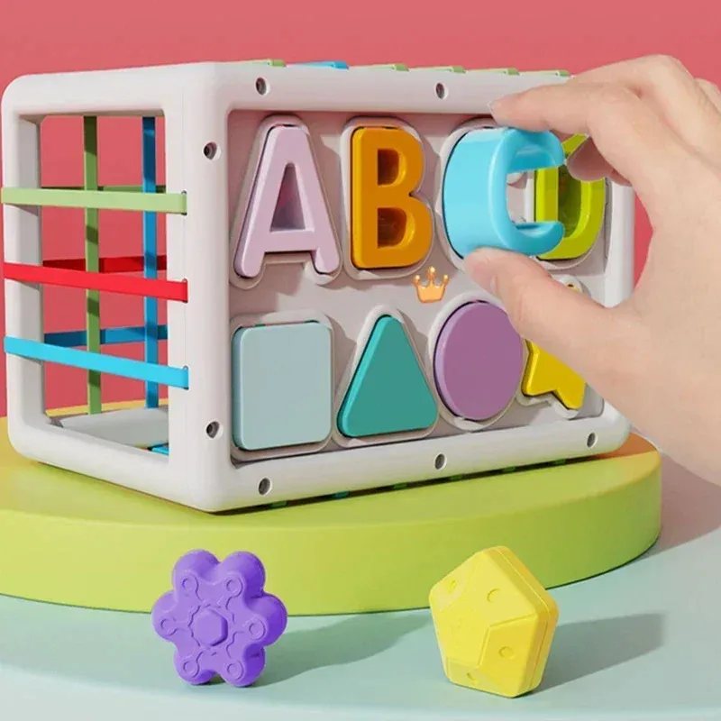 TEMIKIDS bébé forme tri jouets enfants Montessori jouets éducatifs coloré sensoriel Cube jouets avec bandes élastiques pour Fine Mot