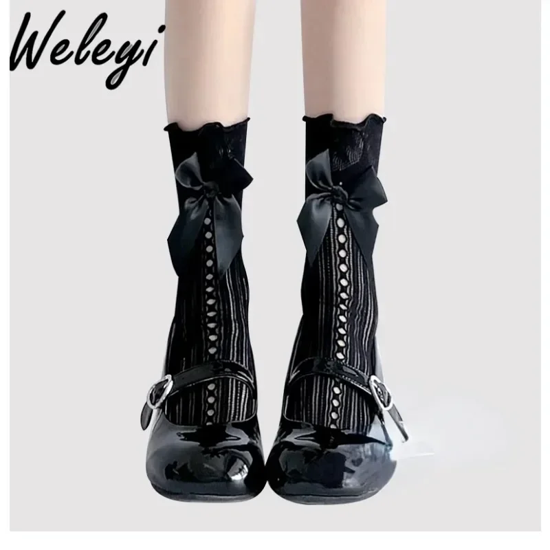 Y2k Fashion All Match Lolita Socks Woman 2024 Summer New Thin Cute Japanese Style Ballet Style White Lace Mid Calf Bow Stockings