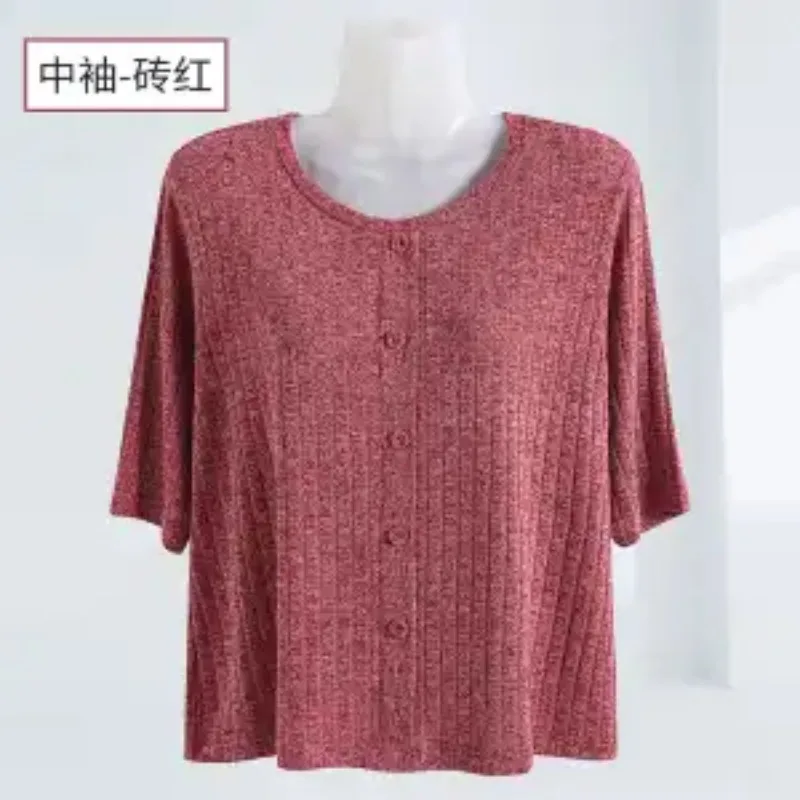 Women's Mid Sleeve Ribbed Knit T-shirt Round Neck Button Front Casual Loose Ice Silk Blouse for Middle-aged