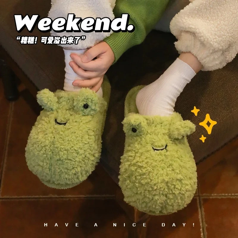 

Cute Furry House frog Slippers Women Men Winter Warm Plush Indoor Shoes Soft Cozy Anti Slip Bedroom Home funny Animal Slippers