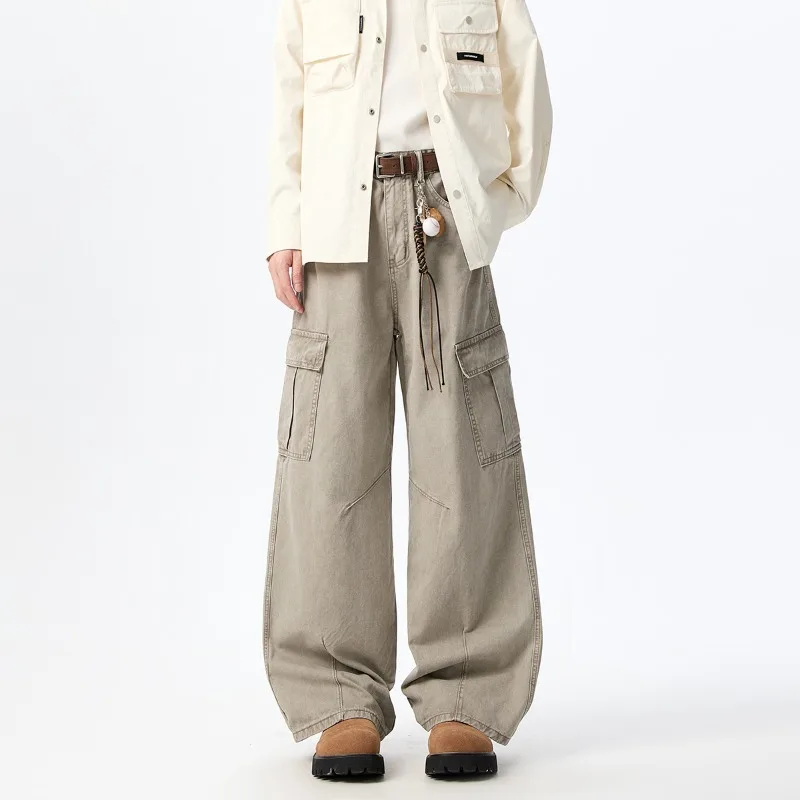 

Spring New Simple Men's Cargo Pants Solid Color Casual Side Pocket Patchwork Korean Style Straight Leg Loose Male Trousers