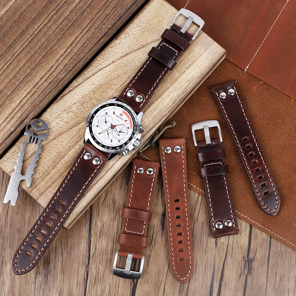 Leather Rivets Quick Release Watch Strap Band 20mm 22mm Coffee Brown Watchband Stainless Steel Buckle Wrist Belt Bracele