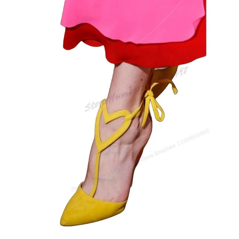 Yellow Heartshape T-strap Pumps Pointed Toe Shoes for Women Back Strap Cut Heel Thin High Heels Shoes 2023 Zapatos Para Mujere