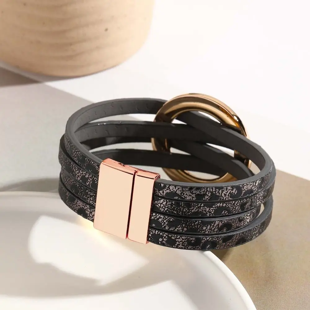 Adjustable Leopard Print Leather Bracelets Magnetic Snap Bohemian Hollow Circle Bracelet Wide Wrap Multilayer Wrap Bracelet