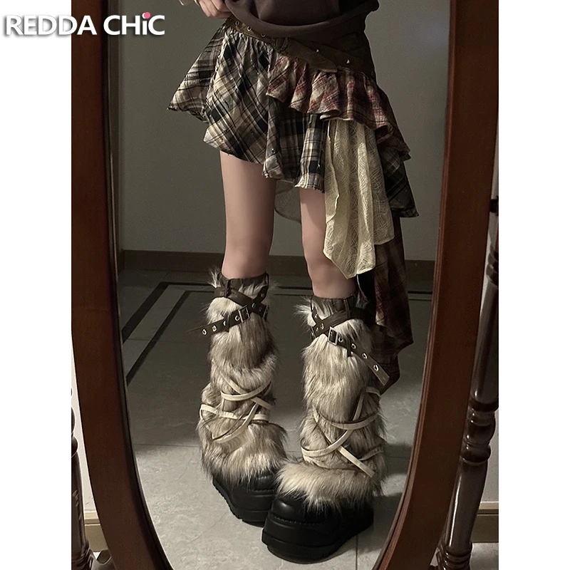 

ReddaChic с заклепками и поясом, клетчатая юбка с низкой талией, винтажная лоскутная кожаная кружевная асимметричная струящаяся мини-юбка в стиле вестерн, женская уличная одежда