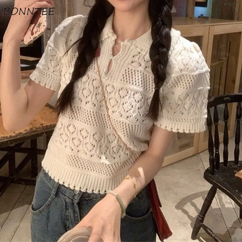 Knitted T-shirts Women Hollow Out Summer Loose Breathable Designed Korean Fashion Peter Pan Collar Y2k Top Clothing Elegant Chic