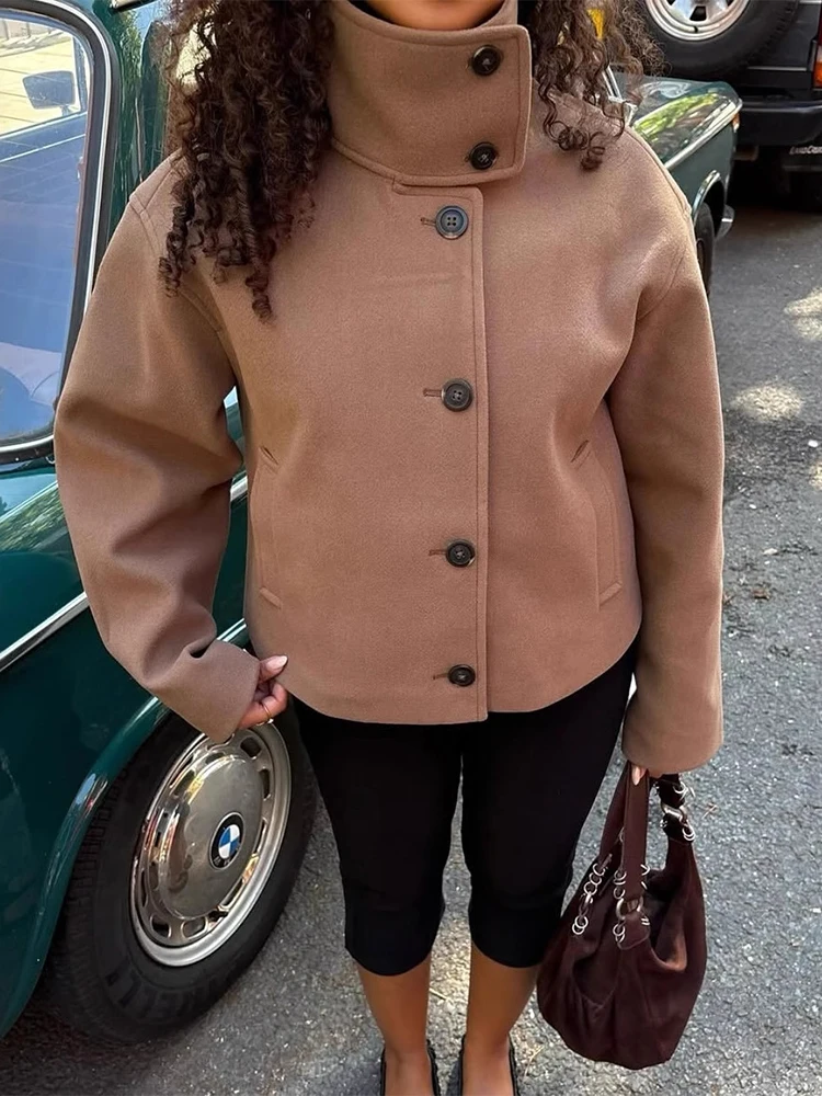 

Trendix Winter Women High Neck Wool Coat Button Patchwork Pocket Long Sleeve Jacket Office Commute Casual Vintage Cardigan Coats