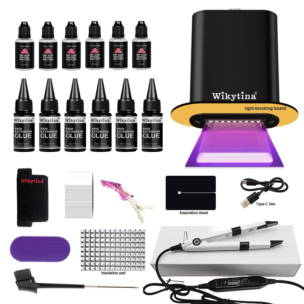 Kit de extensiones de cabello con luz en V avanzada, cinta con máquina UV de alta tecnología y pegamento para uso en salón de calidad, cabello sin costuras