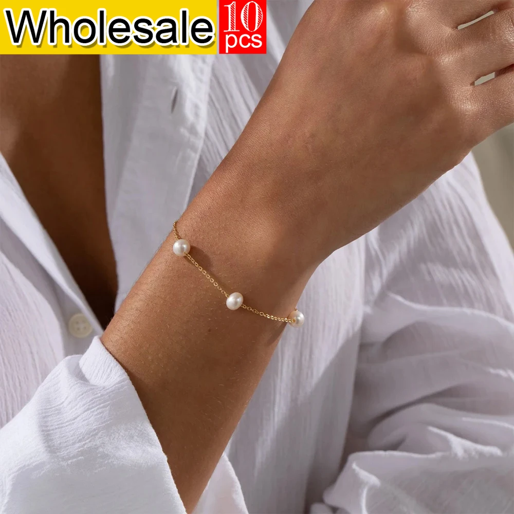 Women 10PCS New Trend Delicate Fashion Stainless Steel Single Layer Freshwater Pearl Bracelet Adjustable Summer Accessories