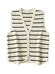 KAOPU ZA Women striped knit tank Top Women's vintage V-neck single breasted waistcoat