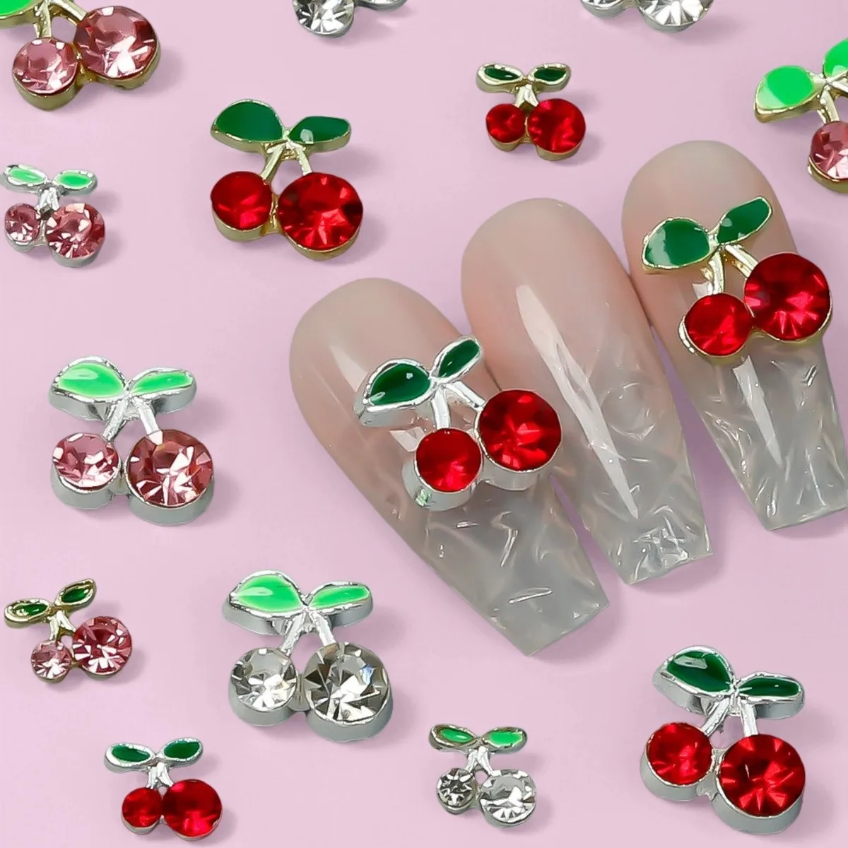 24pcs/box Sparkling Cherry Nail Charms 3D Red & Pink Rhinestone Crystal Fruit Gems Nail Accessories Sweet Cherry Nail Decoration