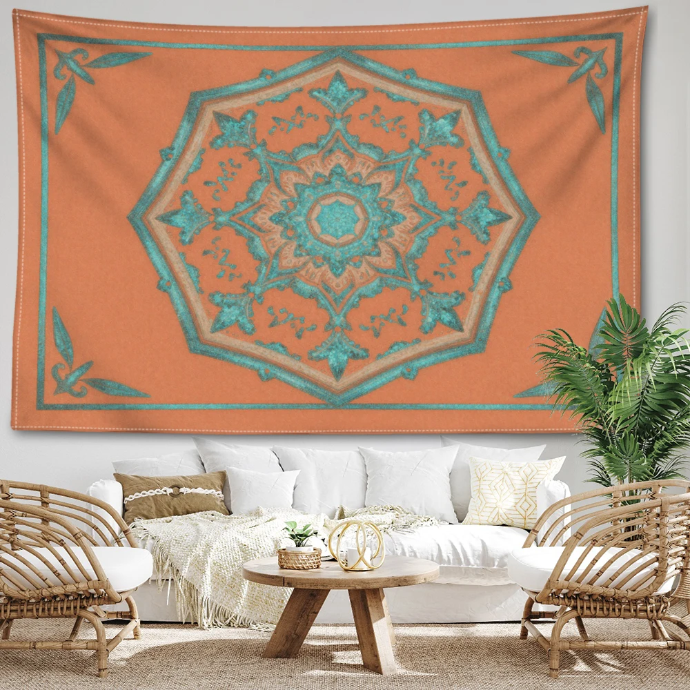 Orange Octagon Symmetrical Floral Wall Tapestry, Bohemian Decor