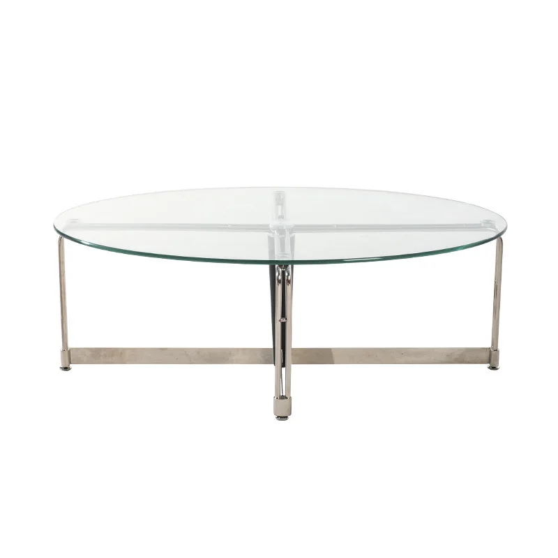 

Nordic retro oval living room 2025 household stainless steel tempered glass simple modern small apartment coffee table