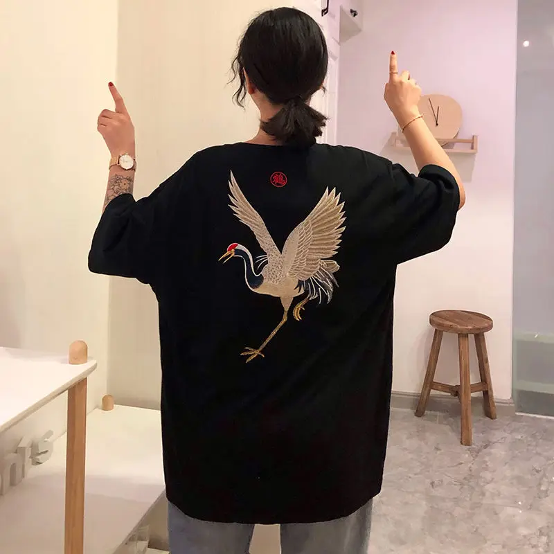 Harajuku Japan Brand Chic Crane Bird Embroidery T Shirts Men Women Oversized Y2k Tops Cotton Black White Summer Tee Hip Hop 2022