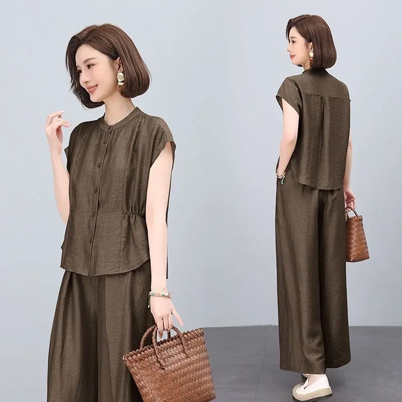 2026 New Mother Cotton Linen Sets Spring Summer Casual Large Size Thin Cardigan Tops + High Waist Straight Pant Two-piece Suits