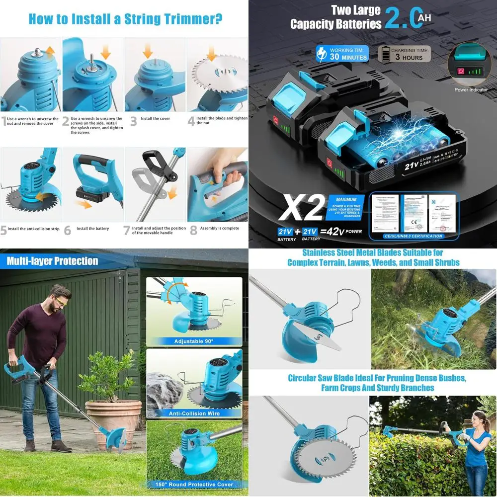 

Аккумуляторный триммер 21В с 2 аккумуляторами 2.0Ач, двойными металлическими лезвиями, регулируемой штангой, для газона и сада, синий