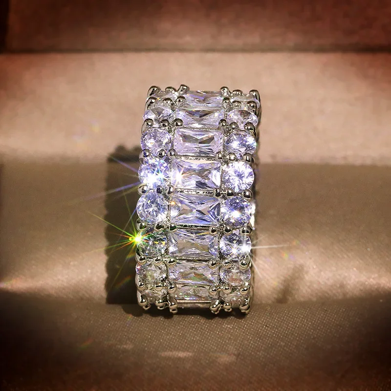 S925 Sterling Silver Color Big Band Ring with Bling Bling Zircon Stone Ring for Women Fashion Party birthday Jewelry