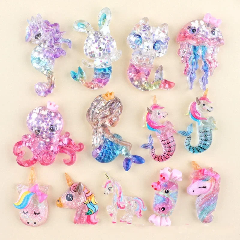 10pcs Hars Cartoon Shiny Mermaid, Unicorn Series Platte Achterkant Steen Plakboek Beeldjes Diy Boog Decor Accessoires Ambachten