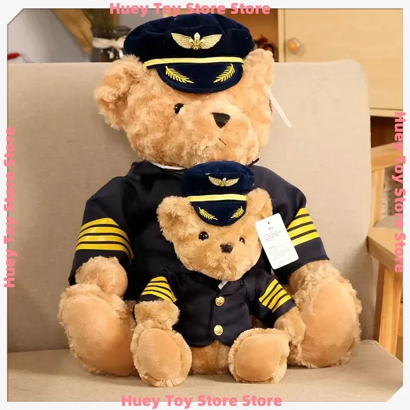 Cute Pilot Bear Plush - Captain Bear Flight Attendant Stuffed Doll, Kawaii Soft Ornament for Kids Room Decor & Gift Collection