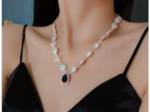 Ins palace style irregular pearl diamond set zircon crystal drop necklace fashion temperament Design Pendant female