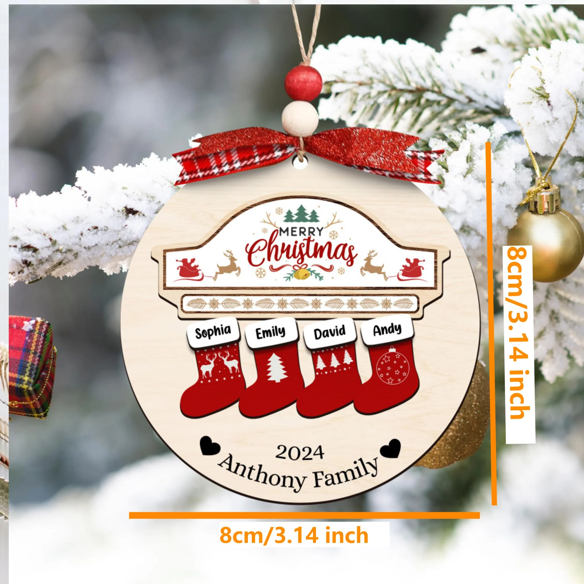 Personalized Round Stocking Ornament Custom Text Wooden Christmas Decoration Holiday Gift Keepsake for Kids Family Friends Tree