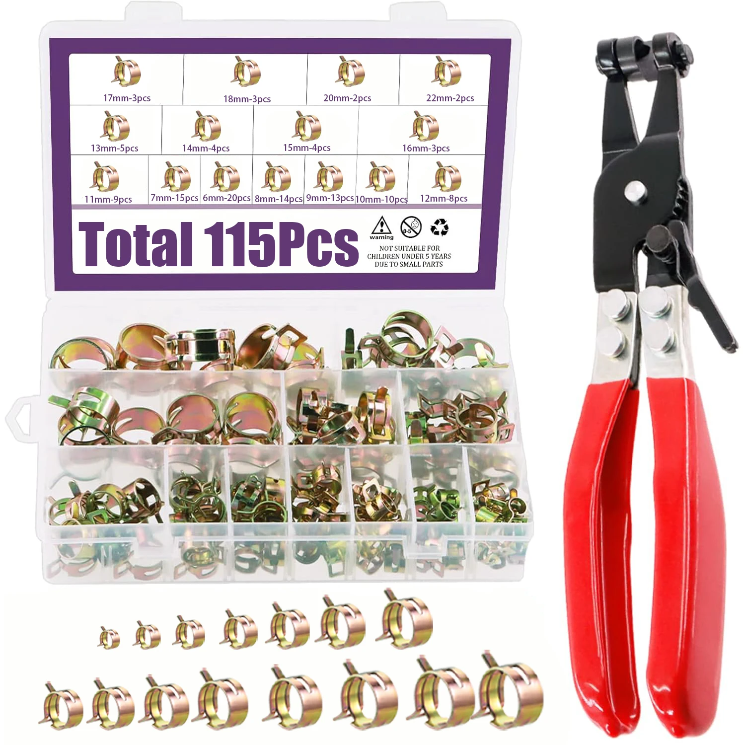 115pcs 6-22mm 15 Size Fuel line Spring Clamp Silicone Vacuum Hose Pipe Clamp Steel Wire Tube Pipe Clip With a Hose Clamp Pliers