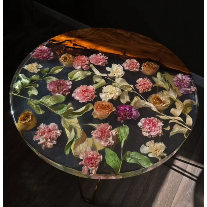 custom.Elegant Customized Modern Design Handmade Wooden and Resin Flower Round Table Coffee Table