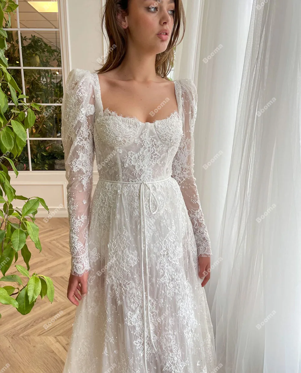 Booma White Prom Dresses Sweetheart A-Line Party Dresses Long Sleeves Formal Evening Gowns A-Line Long Bride Wedding Dresses