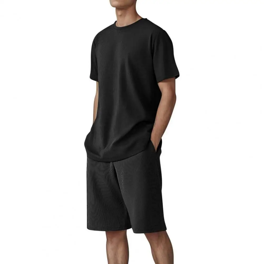 

Men T-shirt Shorts Set Men's Waffle Fabric Sports Suit with O-neck T-shirt Wide Leg Shorts Set Elastic Waist Athletic for Active