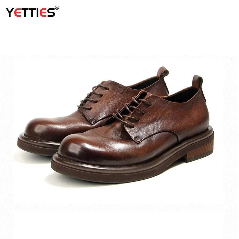 Men's British Style Vintage Leather Shoes | Hand-Rubbed Top Grain Cowhide Oxfords | Washed Round Toe Casual Dress Footwear