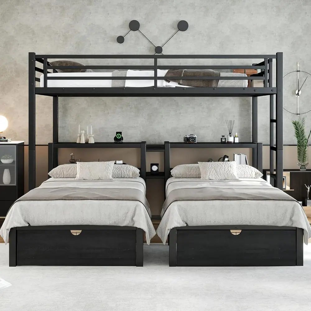 Cama Triple con Espacio de Almacenamiento, Estantes, Estación de Carga y Barandillas de Seguridad para 3 Personas, Color Negro