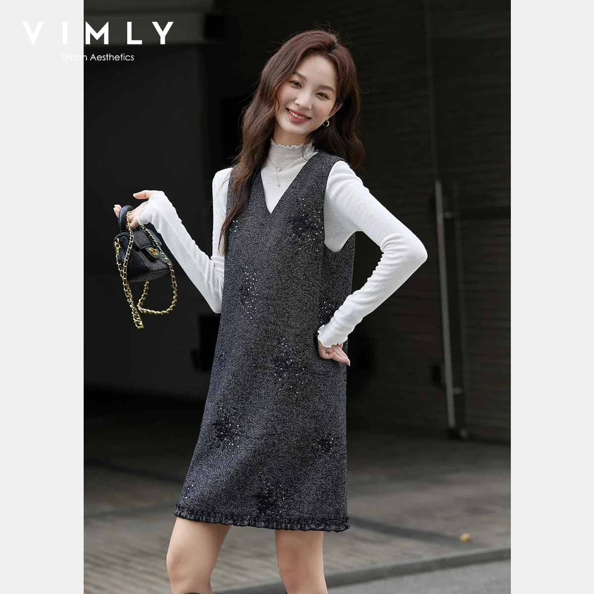 

VIMLY Women's Sequin Embroidery Sleeveless Dress Vintage V-neck Midi Party Dresses Winter 2025 French Zip Up Ladies Dress A3115