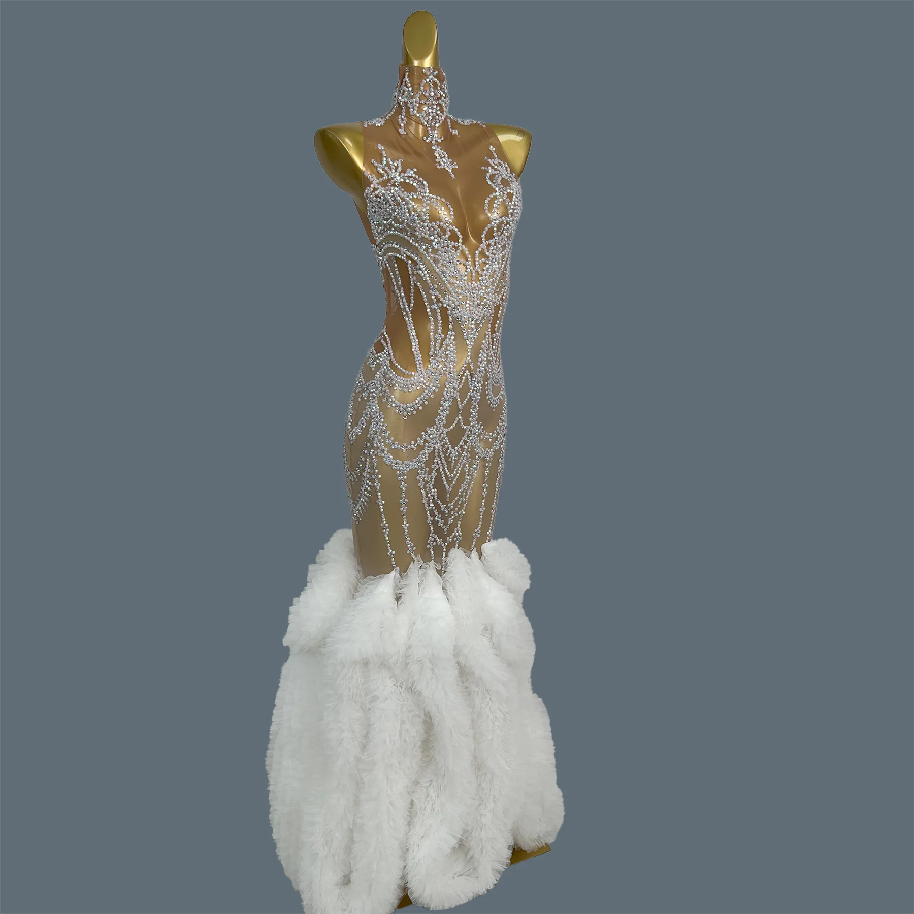 

Birthday Party Sparkly Rhinestone Evening Gown Sexy Elegant See Through Mesh White Mermaid Dress Gala Prom Long Dresses Gongzhu