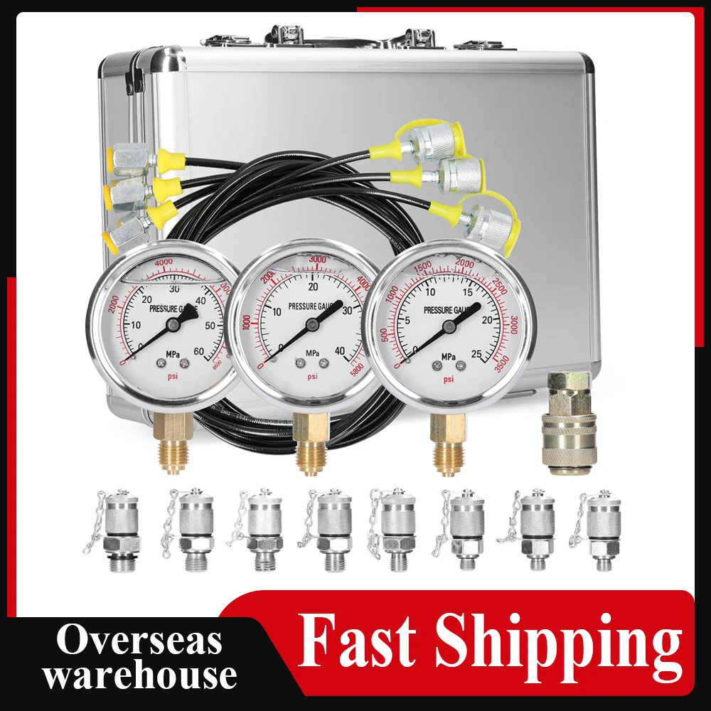 3-in-1 Hydraulic Pressure Gauge Test Kit for Excavator, 9 Couplings (G1/8, G1/4, UNF) with 25/40/60MPa Gauges & Aluminum Case