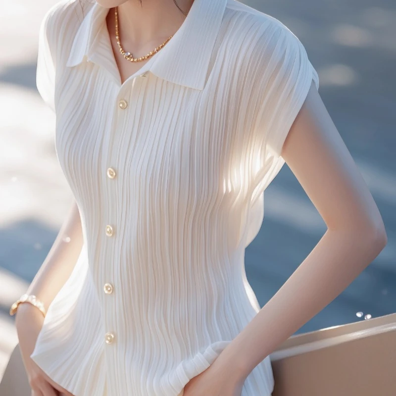 

Vintage Women's Blouses Korean White Shirts Fashion Polo-neck Loose Spring/summer Clothing Solid Color Sleeveless Women Tops