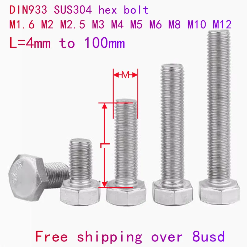 2-20pcs External Hex Hexagon Head Screws with Full Thread M3 M4 M5 M6 M8 M10 M12   304 Stainless Steel Hexagon Head Bolt DIN933