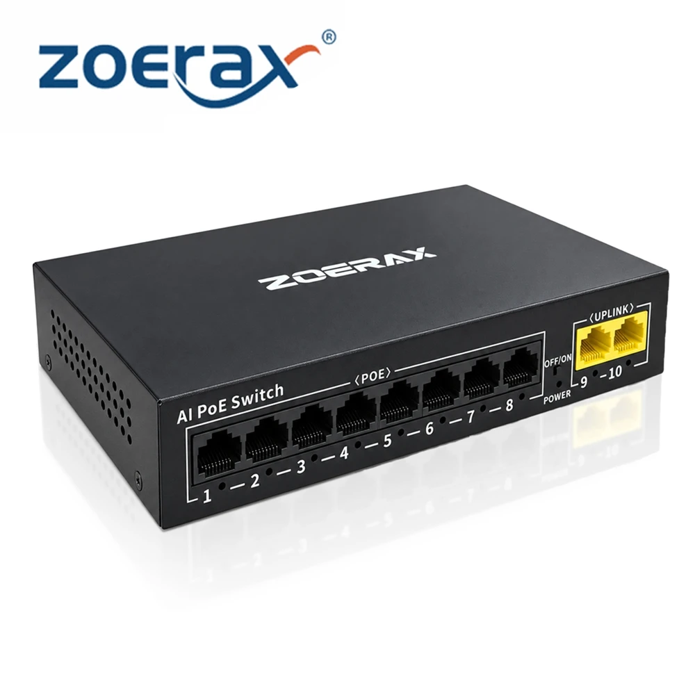 ZoeRax 8-Port PoE + 2 Uplink Ethernet Switch, Data & Power over One Cable, VLAN, AI Watchdog, Lightning Protection, Plug & Play