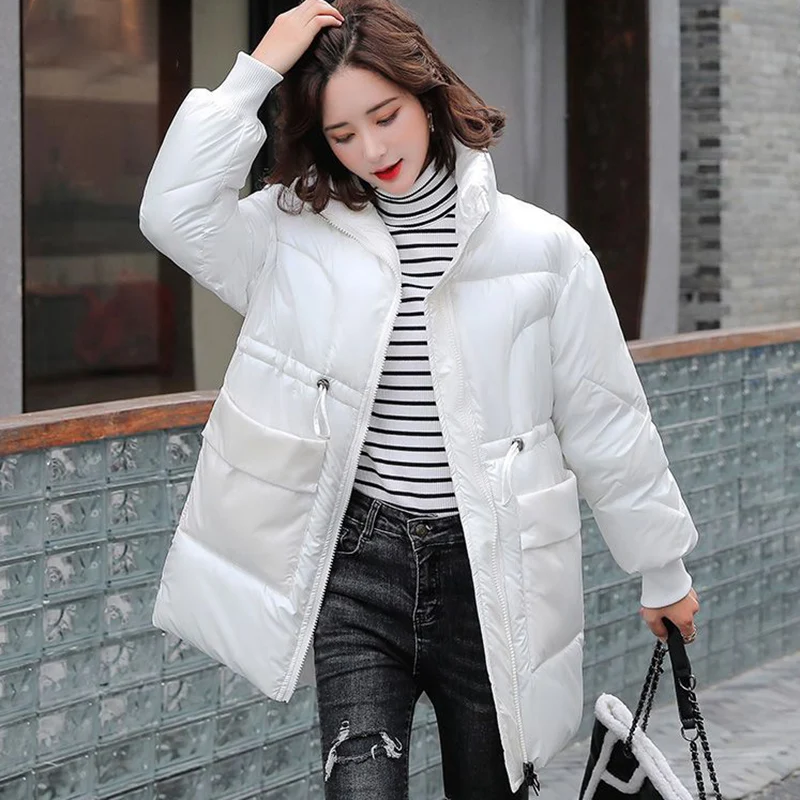 2023 Women Bright Face Cotton Jacket Elastic Drawstring Fashion Elegant Loose Warm Parkas Winter Office Lady Mid-Length Coat