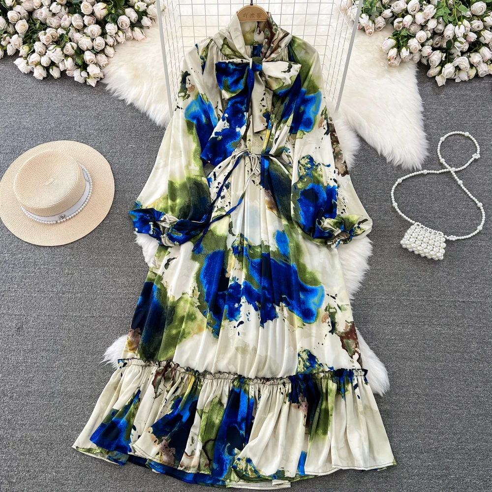 

summer long sleeve loose satin dresses women floral printed long maxi dresses