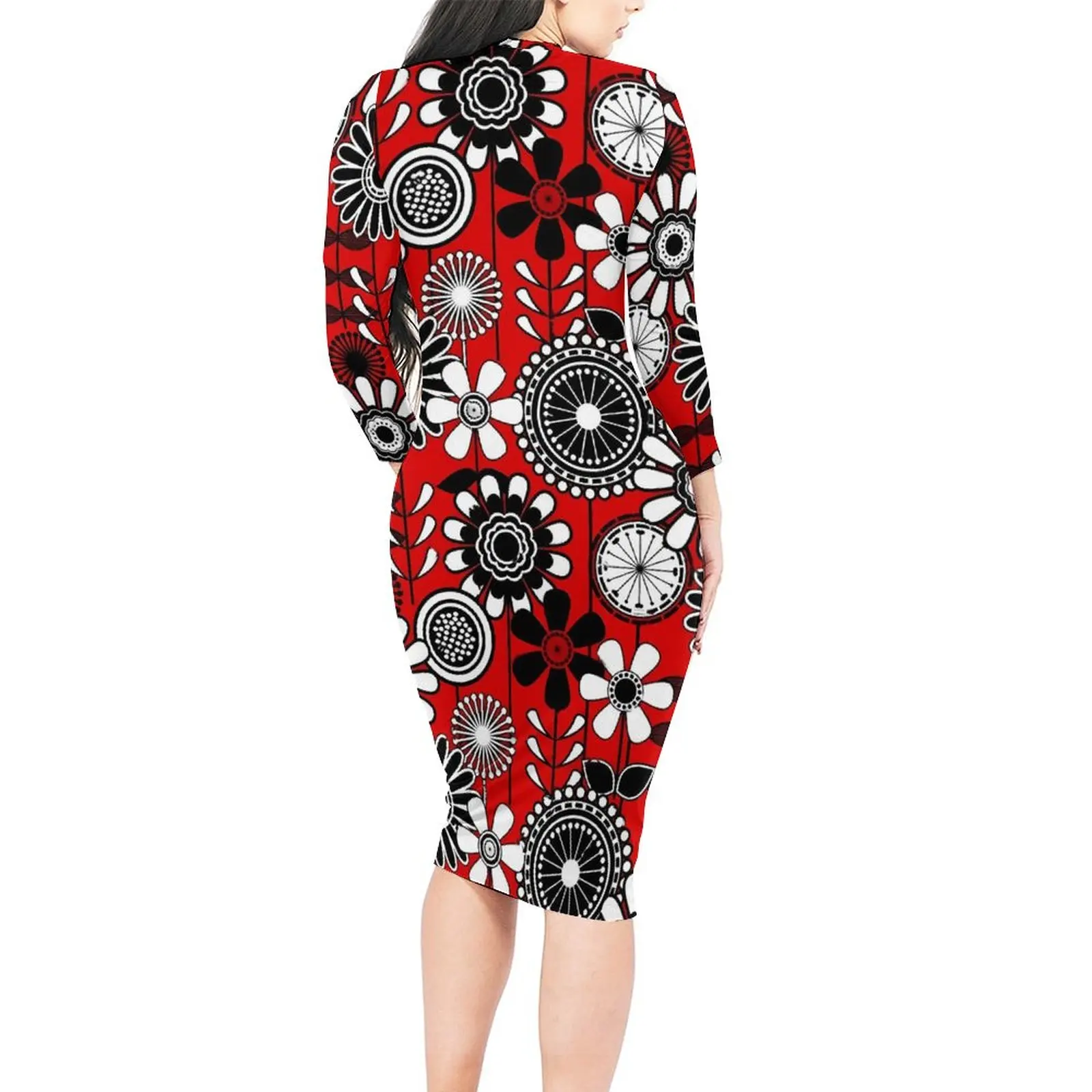 Retro Flower Power Dress Long Sleeve Red Black Elegant Dresses Spring Female Fashion Custom Bodycon Dress Big Size 4XL 5XL