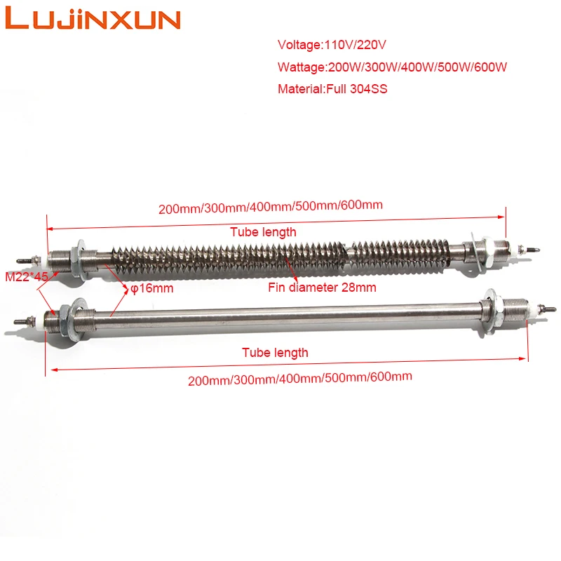 LUJINXUN M22x45 Finned Tubular Heat Tube 220V Heating Rod Oven Pipe with High Temperature Resistance 200W-600W Dry Heater 1PC