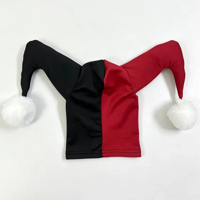 Women Harajuku Jester Hood Red Black Two Tone Pom Pom Jester Hat Trendy Halloween Cosplay Gothic Carnival Costume Party Headwear