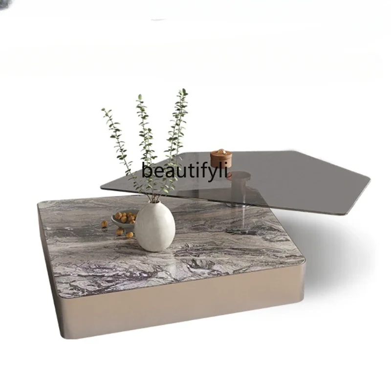 

S Italian Mild Luxury Marble Special-Shaped Rotatable Glass Coffee Table Living Room Designer Household Square